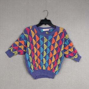 Vintage Gil Aimbez Static Sweater Womens Small Purple Neon 3D Knit 80s Style